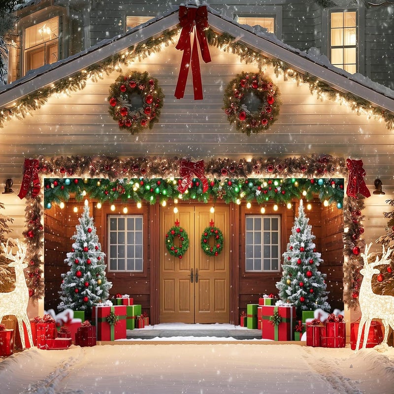 IVN Christmas Garage Door Banner 6x13 ft Winter House Scene with Snow Trees and Gifts Backdrop Decorative Holiday Christmas Garage Door Cover Mural Seasonal Scene Decor - Image 1
